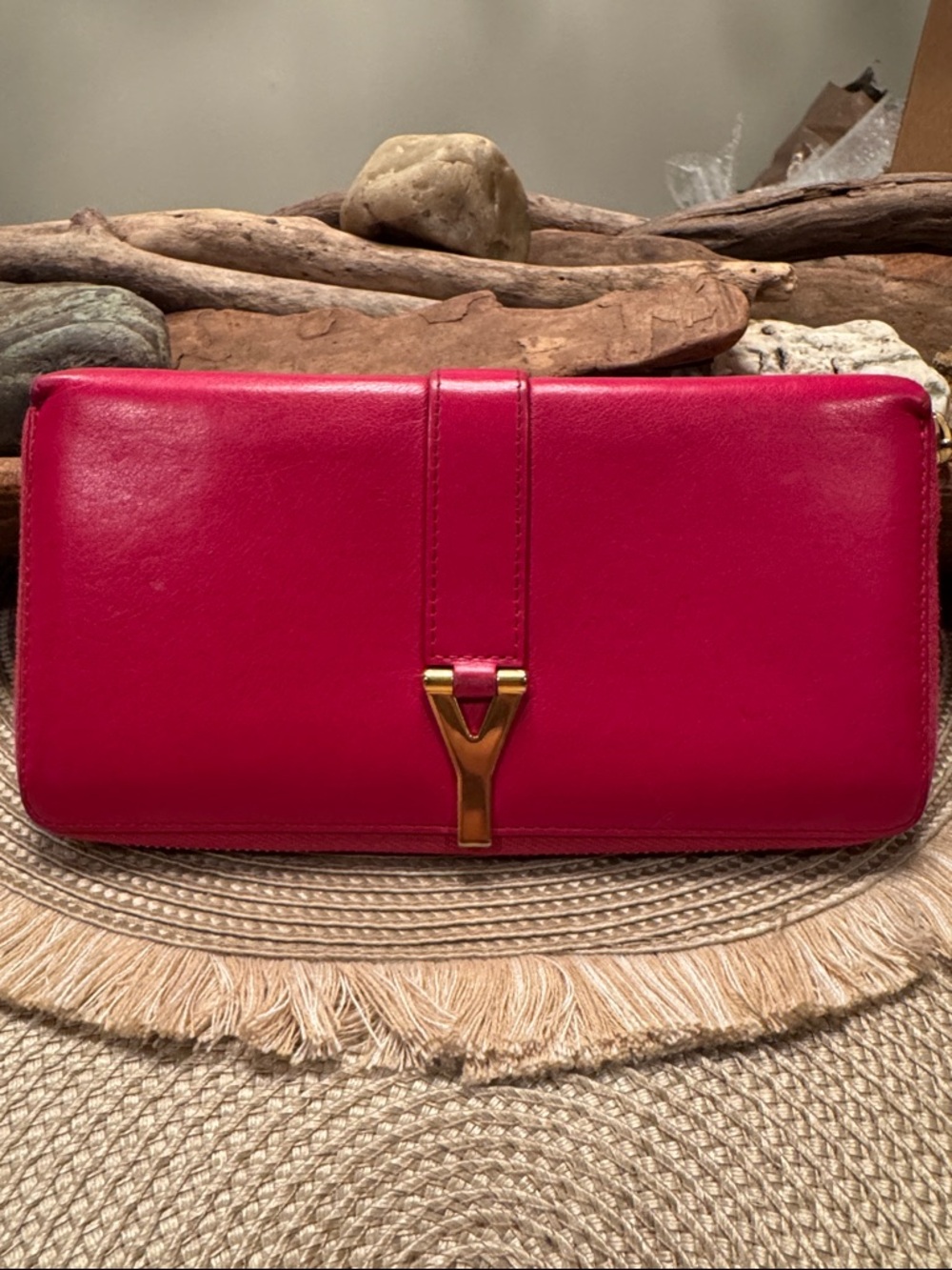 Yves Saint Laurent Fuchsia Leather Clutch with Gold Y Closure